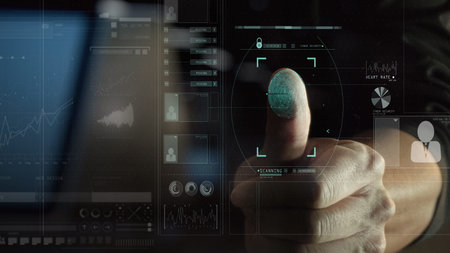 Cyber security internet and networking concept.Businessman scanning fingerprint bio-metric identity...