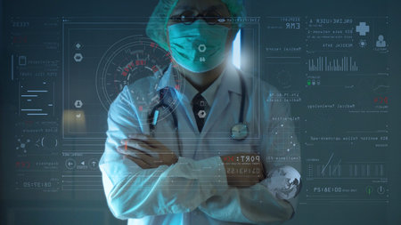 Medical technology concept,smart doctor hand working with modern computer in hospital office with...