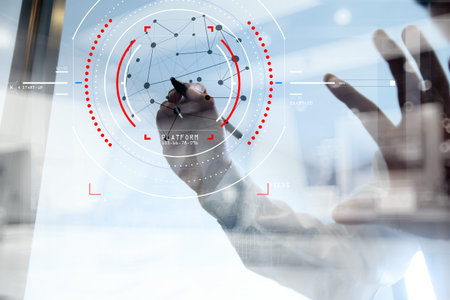 Concept of focus on target with digital diagram,graph interfaces,virtual UI screen,connections...