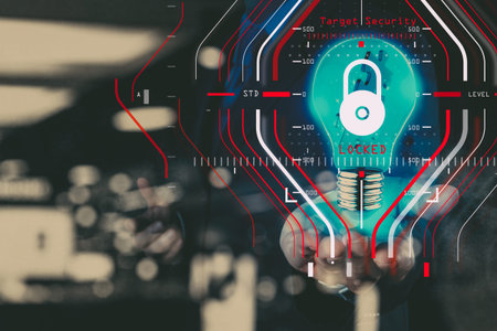 General Data Protection Regulation (GDPR) and Security concept.Computer Halogram target protection locked with success on light bulb as business creative working and technology.の写真素材