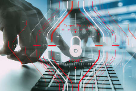 General Data Protection Regulation (GDPR) and Security concept.Computer Halogram target protection locked with success on Smart phone with all network working and technology.の写真素材