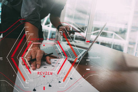 Online Reviews Evaluation Concept with computer halogram scanning on data of business and all new...