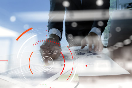 Concept of focus on target with digital diagram,graph interfaces,virtual UI screen,connections...
