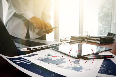 Concept of target focus digital network.Hipster finance analyst working at trendy office