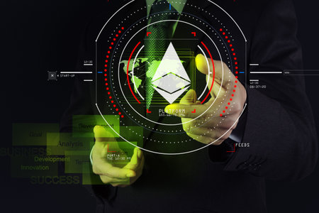 Businessman working with new modern computer and cryptocurrency virtual diagram as concept.