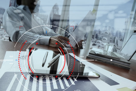 Concept of focus on target with digital diagram,graph interfaces,virtual UI screen,connections...