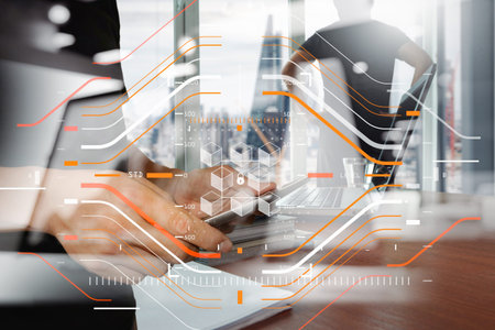 Blockchain technology concept with a chain of encrypted blocks.businessman working with laptop...
