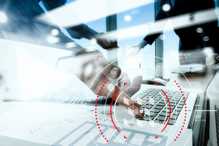 Blockchain technology concept with a chain of encrypted blocks.businessman working with laptop...