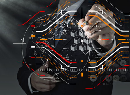 Blockchain technology concept with a chain of encrypted blocks.businessman working with laptop...