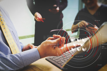 Blockchain technology concept with a chain of encrypted blocks.businessman working with laptop...