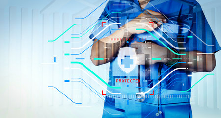 Health protection. Medical and health care concept.Double exposure of smart medical doctor working...
