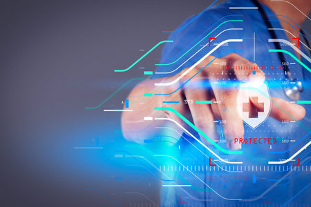 Health protection. Medical and health care concept.Medicine doctor hand working with modern computer...