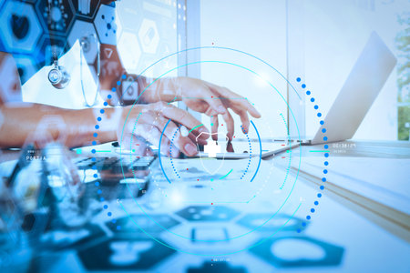 Health care and medical services with circular AR diagram.Medicine doctor hand working with modern...