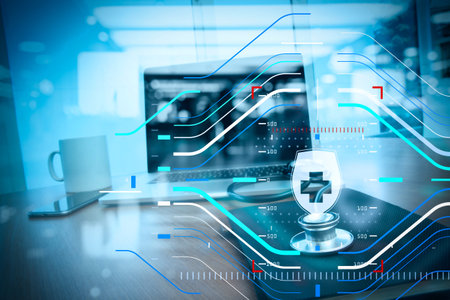 Health protection. Medical and health care concept.Doctor workspace with laptop computer in medical workspace office and medical network media diagram as conceptの写真素材
