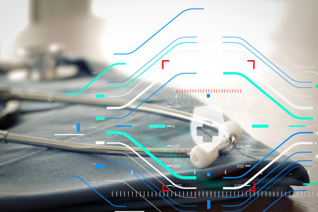 Health protection. Medical and health care concept.Stethoscope with blue doctor coat on wooden table with shallow DOF evenly matched and backgroundの写真素材
