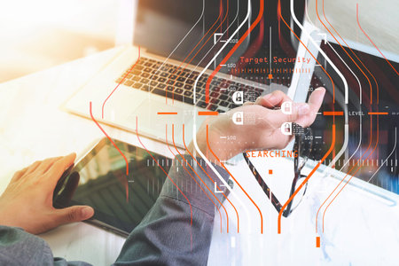 Blockchain technology concept with a chain of encrypted blocks.businessman working with laptop...