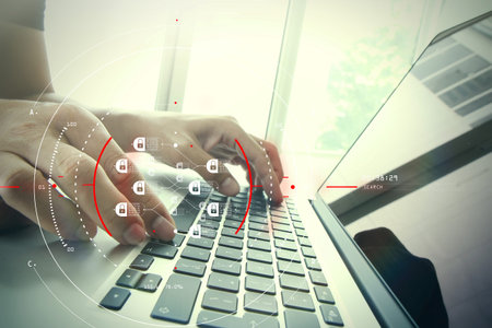 Blockchain technology concept with a chain of encrypted blocks.businessman working with laptop...