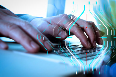 Business data analytics process management diagram.close up of designer hand working laptop with...