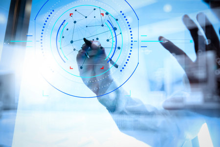 Concept of focus on target with digital diagram.Double exposure of businessman working with new...