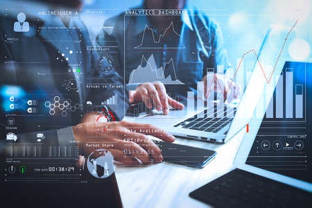 Intelligence (BI) and business analytics (BA) with key performance indicators (KPI) dashboard concept.Business team meeting. Photo professional investor working new start up project. の写真素材
