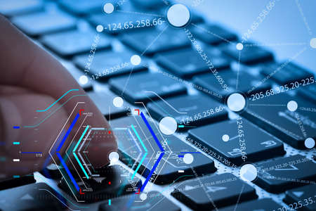 Concept of focus on target with digital diagram.Close up of business man working on laptop computer with social media diagram as conceptの写真素材