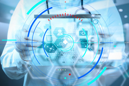 Health care and medical services with circular AR diagram record.double exposure of Medicine doctor...