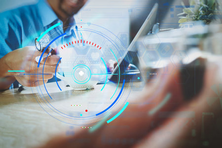 Health care and medical services with circular AR diagram record.Medical doctor team taking coffee...