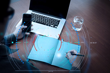 Concept of digital marketing media (website ad, email, social network, SEO, video, mobile app) and...