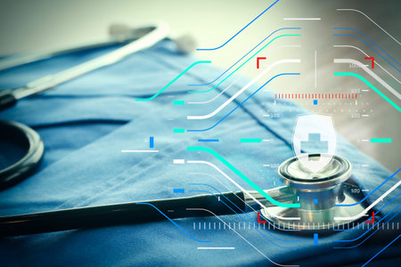 Health protection. Medical and health care concept.Stethoscope with blue doctor coat on wooden table...