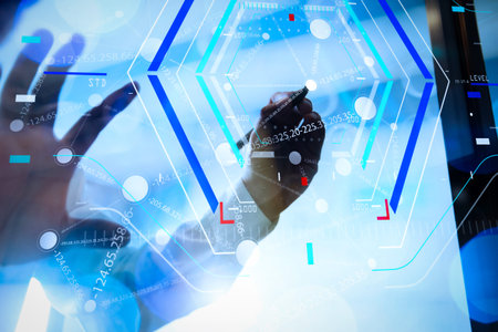 Concept of focus on target with digital diagram.Double exposure of businessman working with new...