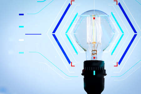 Concept of focus on target with digital diagram.vintage light bulb with copy space as creative conceptの写真素材