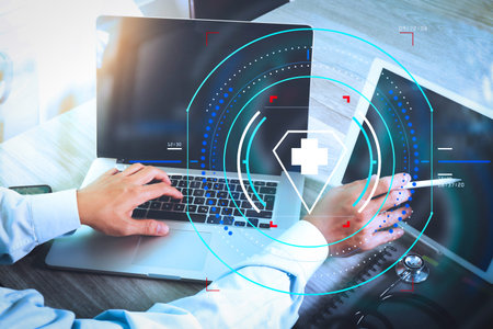 Health care and medical services with circular AR diagram.Medicine doctor hand working with modern...