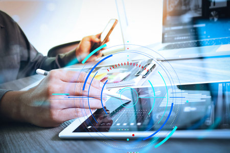 Data statistics charts and key performance indicators diagram.business documents on office table...