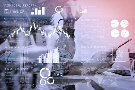 Financial report data of business operations (balance sheet and  income statement and diagram) as Fintech concept.Double exposure of businessman hand using mobile payments online shopping.の写真素材