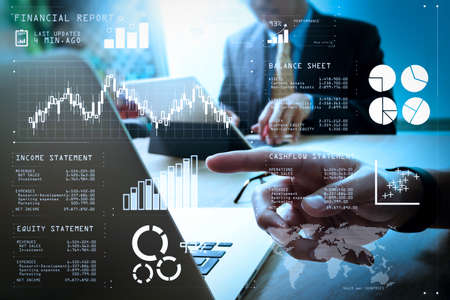 Financial report data of business operations (balance sheet and  income statement and diagram) as Fintech concept.Business team meeting present. professional investor working new startup project.の写真素材