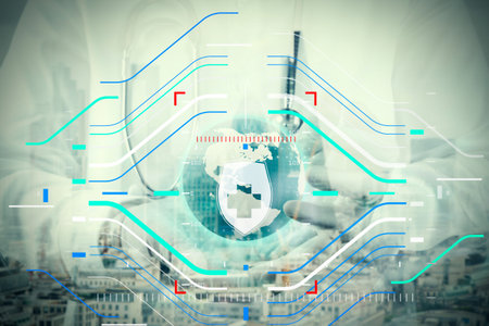 Health protection. Medical and health care concept.double exposure of smart medical doctor hand showing network with globe as medical network の写真素材