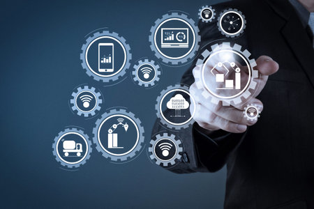 Smart factory and industry 4.0 and connected production robots exchanging data with internet of...