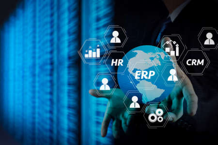 Architecture of ERP (Enterprise Resource Planning) system with connections between business intelligence (BI), production, CRM modules and HR diagram.の写真素材