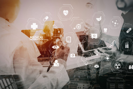 Modern VR with medical technology diagram concept.Medical doctor in white uniform gown coat consulting businessman patient having exam as Hospital professionalism concept with city exposureの写真素材