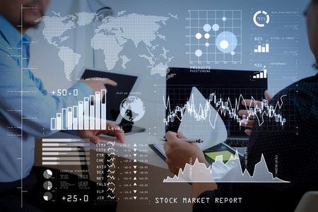 Investor analyzing stock market report and financial dashboard with business intelligence (BI), with...