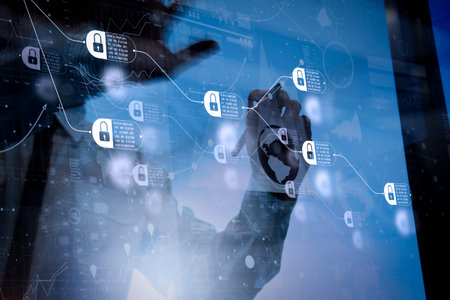 Blockchain technology concept with diagram of chain and encrypted blocks. businessman hand working with modern technology and digital layer effect as business strategy conceptの写真素材