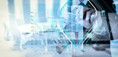 Business data analytics process management diagram.double exposure of businessman hand working with...