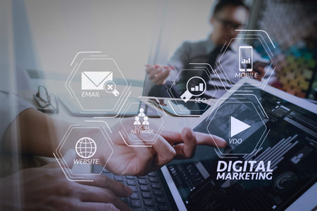 Digital marketing media (website ad, email, social network, SEO, video, mobile app) in virtual...