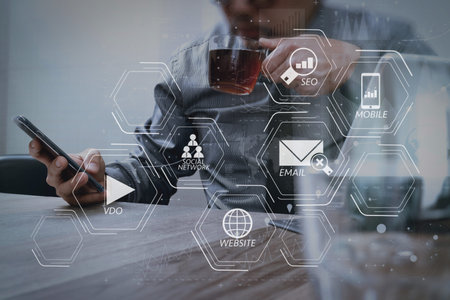 Digital marketing media (website ad, email, social network, SEO, video, mobile app) in virtual...