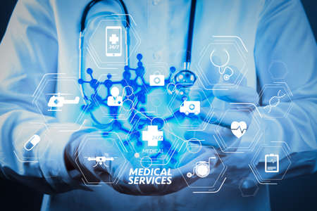 General Medical Services (GMS) and General Practitioners(GPs or family doctors) diagram.scientist doctor hand touch virtual molecular structure in the labの写真素材