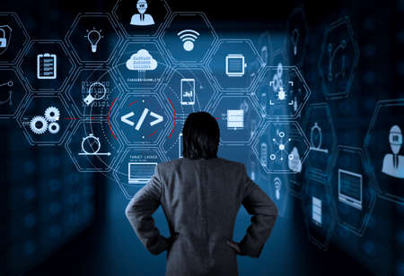 Coding software developer work with augmented reality dashboard computer icons of scrum agile development and code fork and versioning with responsive cybersecurity.businessman workking.の写真素材