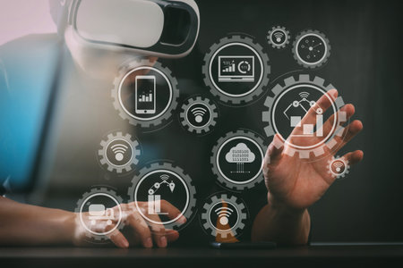 Smart factory and industry 4.0 and connected production robots exchanging data with internet of...