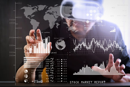 Investor analyzing stock market report and financial dashboard with business intelligence (BI), with...