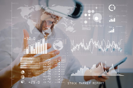 Investor analyzing stock market report and financial dashboard with business intelligence (BI), with...