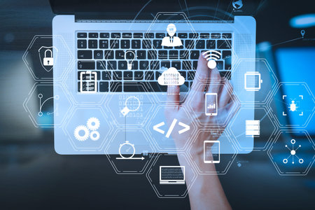 Coding software developer work with augmented reality dashboard computer icons of scrum agile...